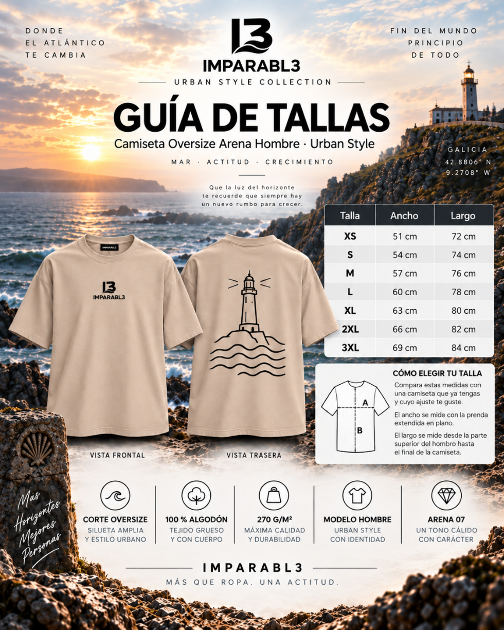 Guía de tallas de la camiseta oversize de hombre de IMPARABL3 en color arena, con medidas de XS a 3XL