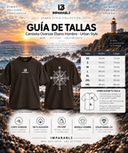 Guía de tallas de la camiseta oversize de hombre Azimut de IMPARABL3 en color ébano 231, con medidas de XS a 3XL