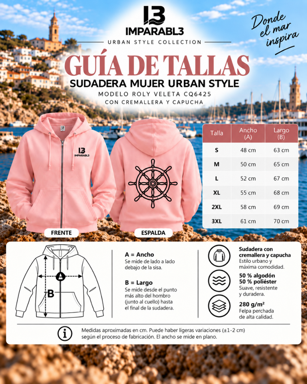 Guía de tallas de la sudadera rosa claro de mujer IMPARABL3, modelo Roly VELETA CQ6425, con medidas de ancho y largo de S a 3XL.