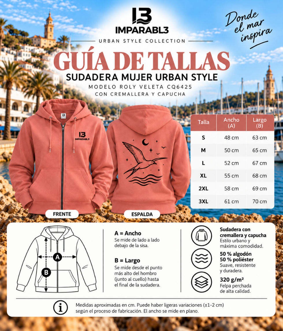 Guía de tallas de la sudadera de mujer de IMPARABL3, modelo Roly VELETA CQ6425, con tabla de medidas de ancho y largo desde S hasta 3XL.