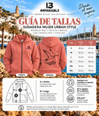 Guía de tallas de la sudadera de mujer de IMPARABL3, modelo Roly VELETA CQ6425, con tabla de medidas de ancho y largo desde S hasta 3XL.