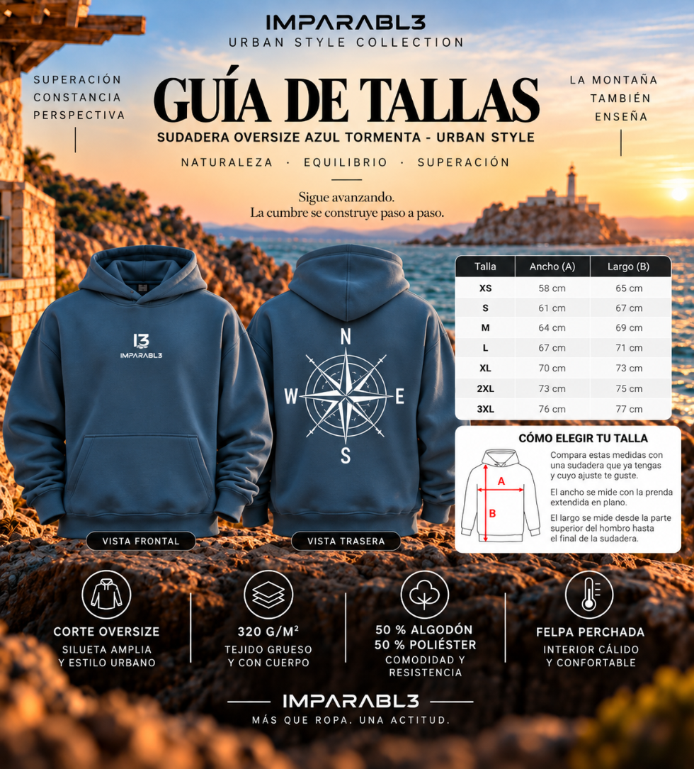 Guía de tallas de la sudadera oversize AZIMUT azul tormenta para hombre de IMPARABL3, con medidas de ancho y largo de XS a 3XL e instrucciones para elegir talla.