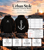 Guía de tallas de la sudadera oversize negra de IMPARABL3, con medidas de ancho y largo de XS a 3XL, instrucciones para elegir talla y vistas frontal y trasera de la prenda.