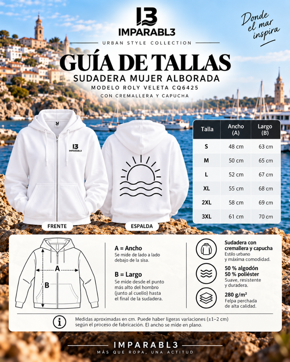 Guía de tallas de la sudadera blanca ALBORADA de mujer de IMPARABL3, modelo Roly VELETA CQ6425, con tabla de ancho y largo de S a 3XL e instrucciones de medición.
