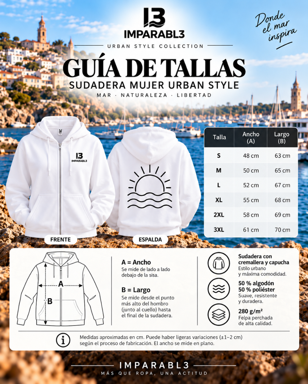 Guía de tallas de la sudadera blanca de mujer de IMPARABL3, modelo Roly VELETA CQ6425, con tabla de ancho y largo de S a 3XL e instrucciones de medición.