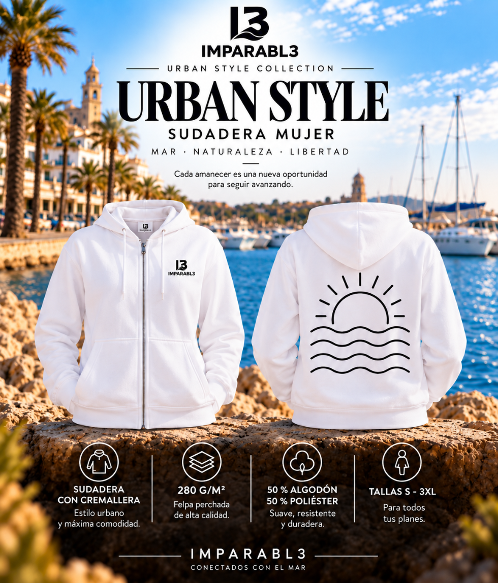 Presentación de la sudadera blanca de mujer de IMPARABL3, con vistas frontal y trasera, diseño de sol y olas, cremallera y tejido de 280 g/m².
