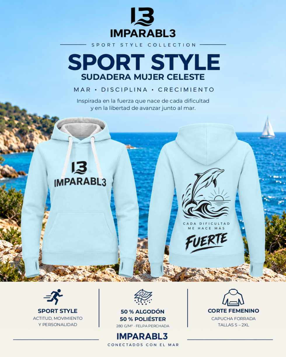 Guía de tallas de sudadera celeste IMPARABL3 Sport Style de mujer, modelo ROLY URBAN WOMAN SU1068, con tabla de medidas de ancho y largo para las tallas S, M, L, XL y 2XL.