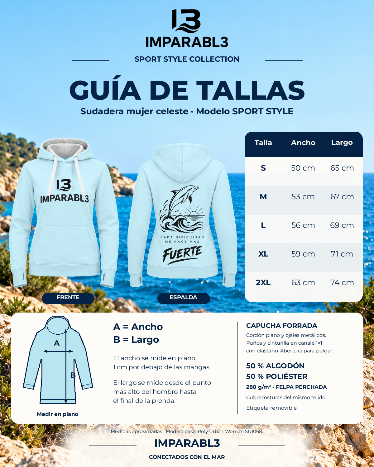 Presentación de sudadera celeste de mujer IMPARABL3 Sport Style con vistas frontal y trasera, logotipo I3 IMPARABL3 negro en el pecho, capucha con cordones blancos y diseño deportivo.