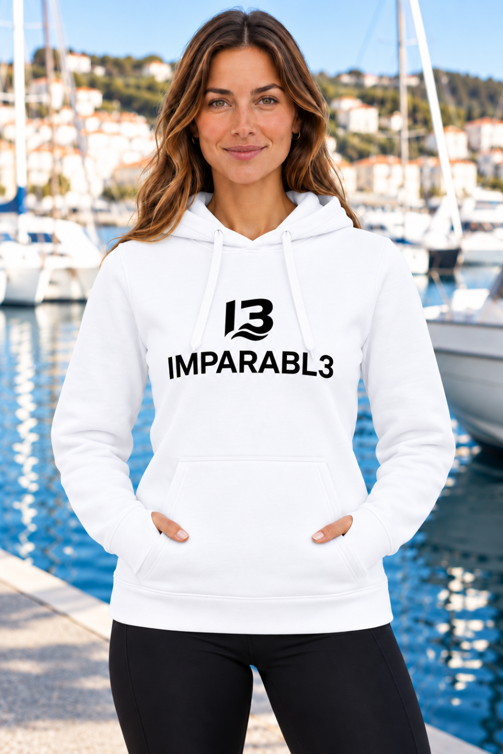 Mujer con sudadera blanca IMPARABL3 Sport Style, capucha con cordones, bolsillo canguro, puños con abertura para pulgares y logotipo I3 IMPARABL3 negro centrado en el pecho, en un puerto deportivo.