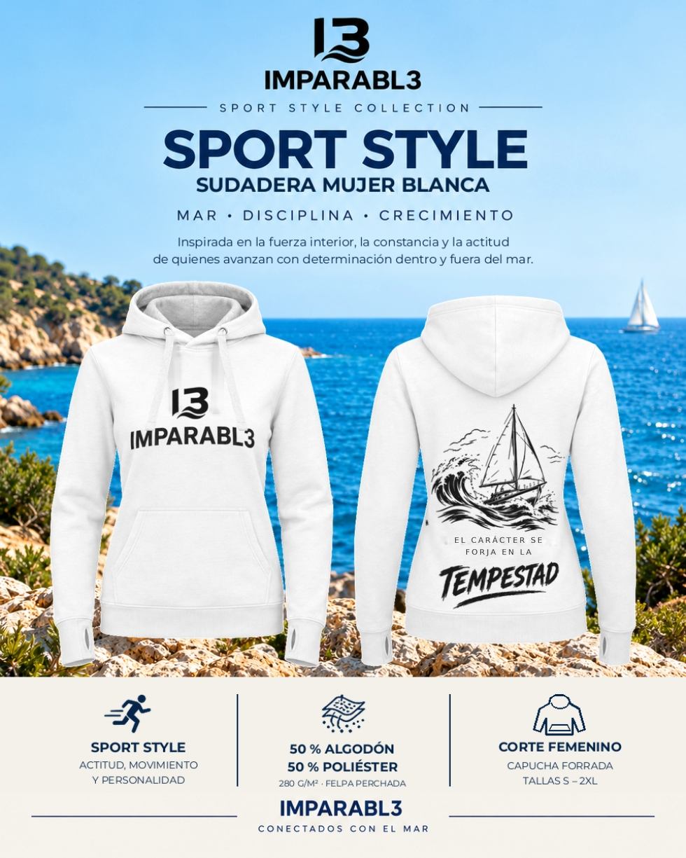 Presentación de sudadera blanca de mujer IMPARABL3 Sport Style con vistas frontal y trasera, logotipo I3 negro en el pecho, capucha con cordones y bolsillo canguro.