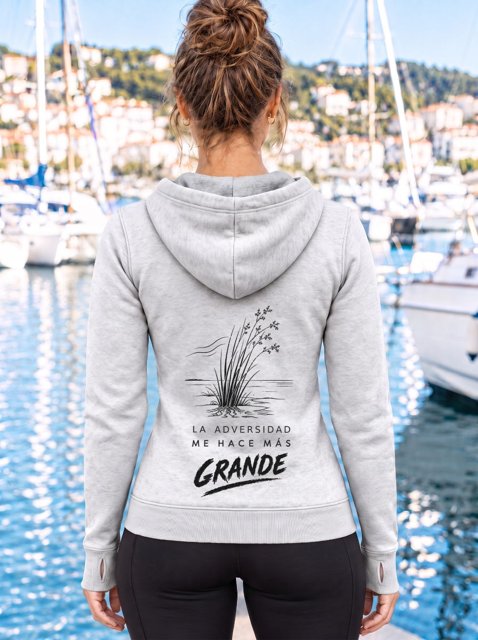 Vista trasera de sudadera gris vigoré de mujer IMPARABL3 Sport Style, con capucha, manga larga y diseño gráfico en la espalda.