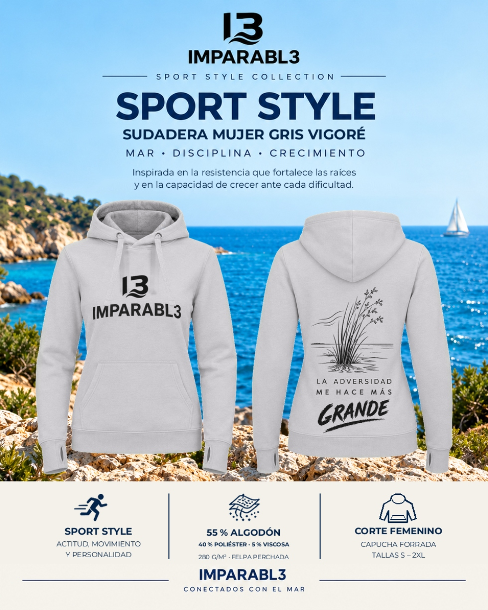 Presentación de sudadera gris de mujer IMPARABL3 Sport Style con vistas frontal y trasera, logotipo I3 negro en el pecho, capucha forrada y diseño deportivo.