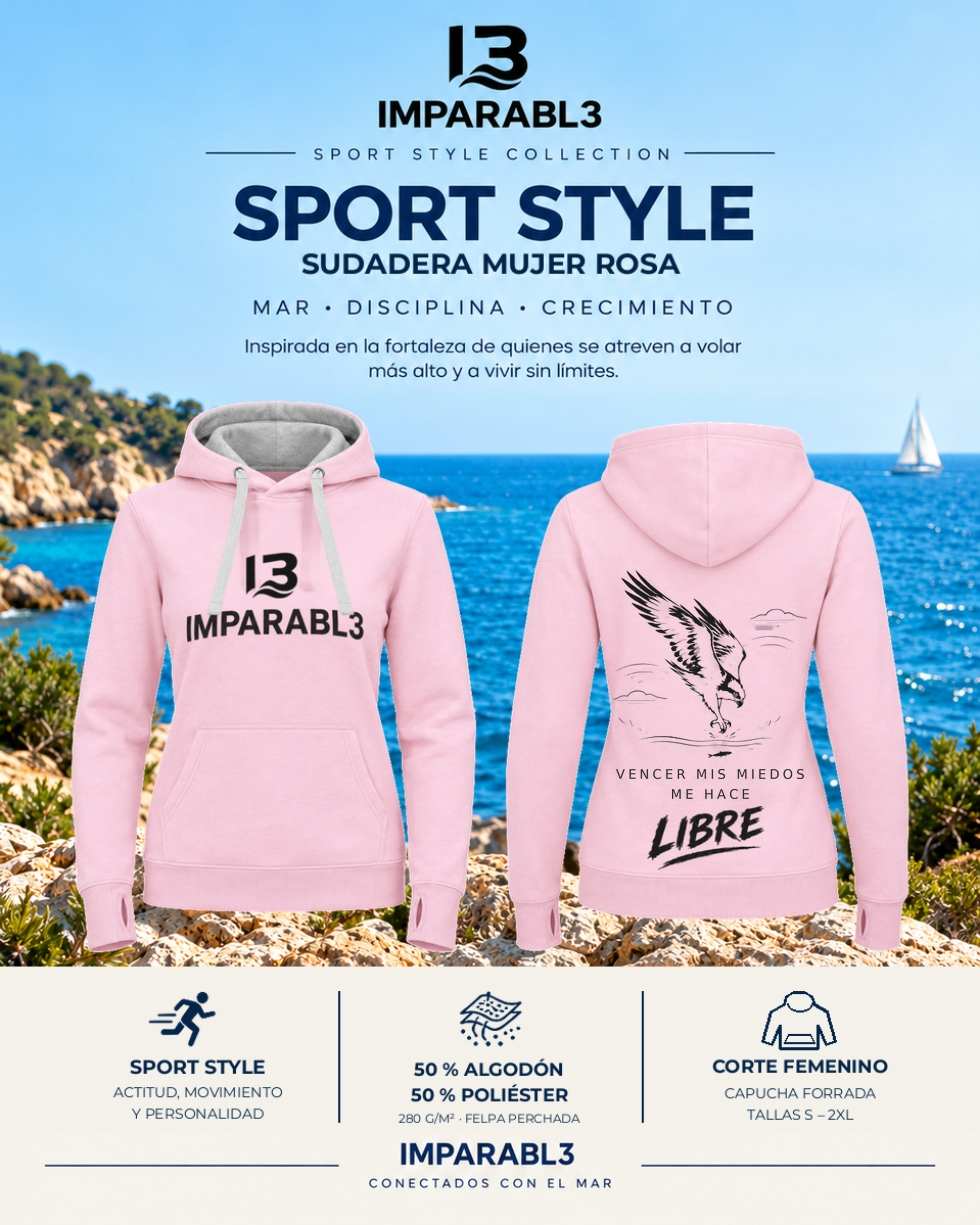 Presentación de sudadera rosa de mujer IMPARABL3 Sport Style con vistas frontal y trasera, logotipo I3 negro en el pecho, capucha con cordones y diseño deportivo.