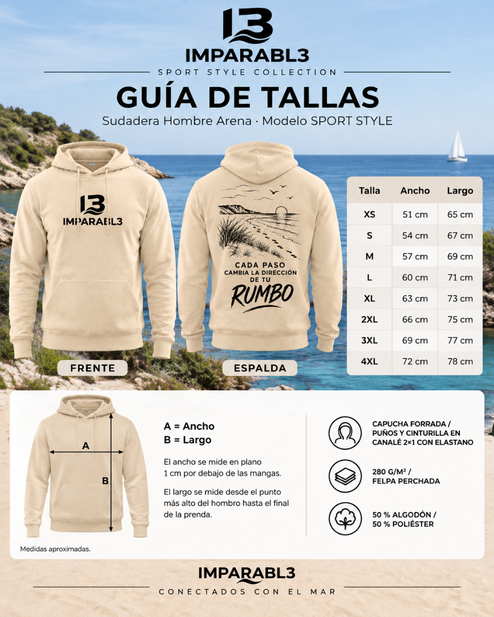 Guía de tallas de la sudadera Arena 07 de hombre Sport Style de IMPARABL3, de XS a 4XL, con medidas de ancho y largo en centímetros e instrucciones de medición.