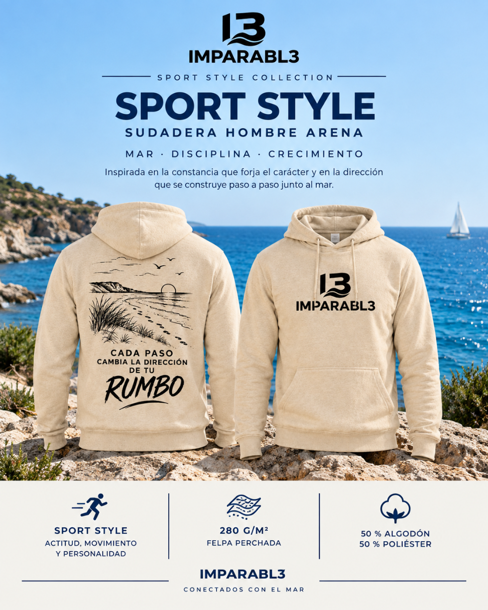 Presentación de la sudadera Arena 07 de hombre Sport Style de IMPARABL3, con vistas frontal y trasera, logotipo negro y diseño RUMBO sobre un fondo costero.