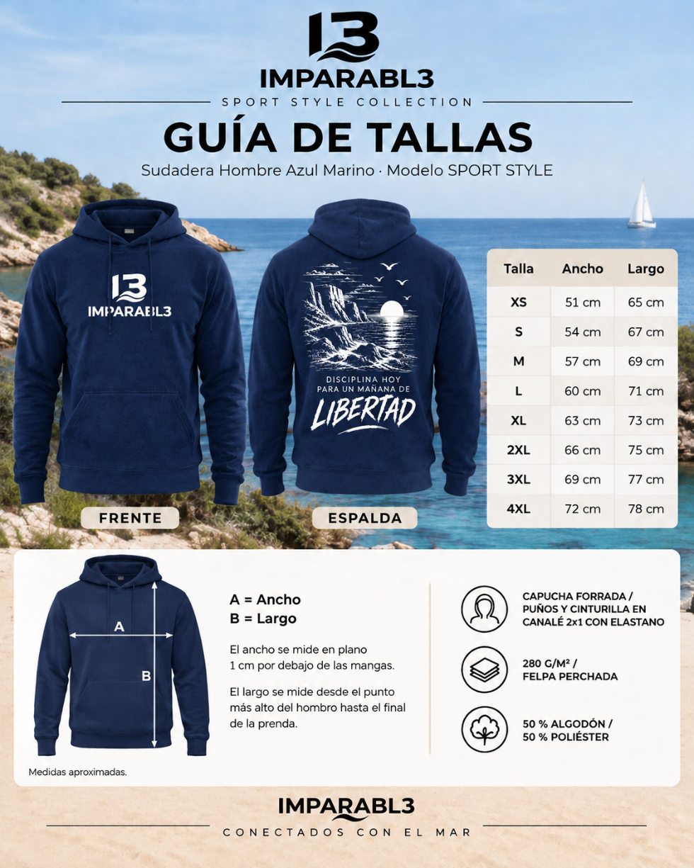Guía de tallas de la sudadera de hombre IMPARABL3 Sport Style azul marino, de XS a 4XL, con medidas de ancho y largo en centímetros y esquema de medición.