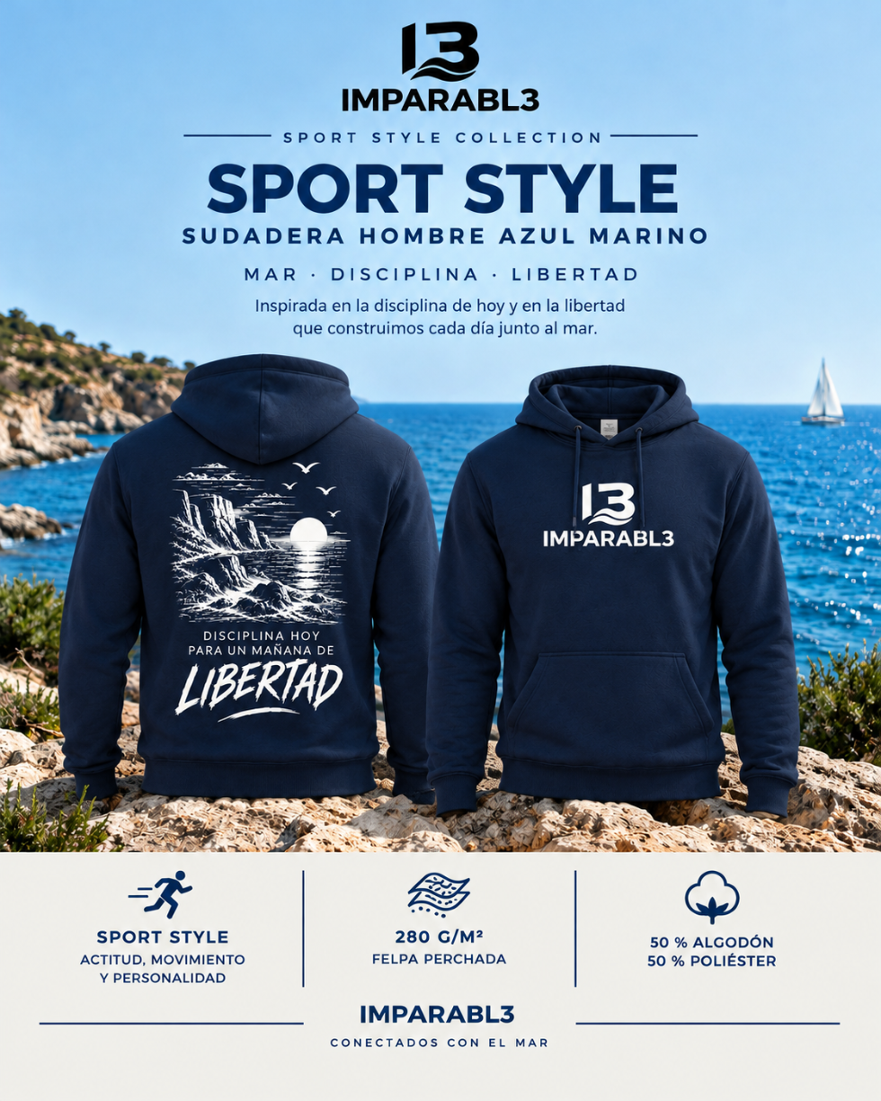 Presentación de la sudadera de hombre azul marino IMPARABL3 Sport Style, con vistas delantera y trasera, logo blanco y diseño costero sobre un fondo marino.