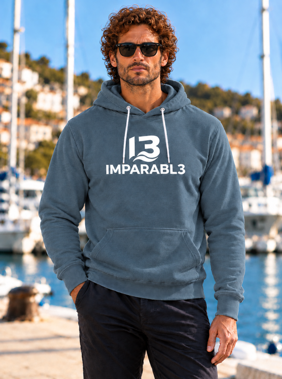 Vista delantera de la sudadera de hombre azul zen IMPARABL3 Sport Style, con capucha, bolsillo canguro y logo de la marca en el pecho.