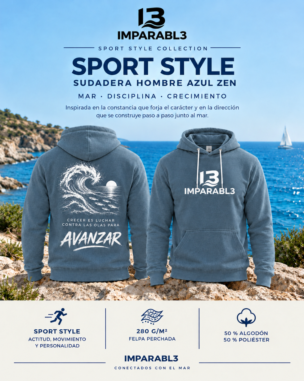Presentación de la sudadera de hombre azul zen IMPARABL3 Sport Style, con vistas delantera y trasera y características principales de la prenda.
