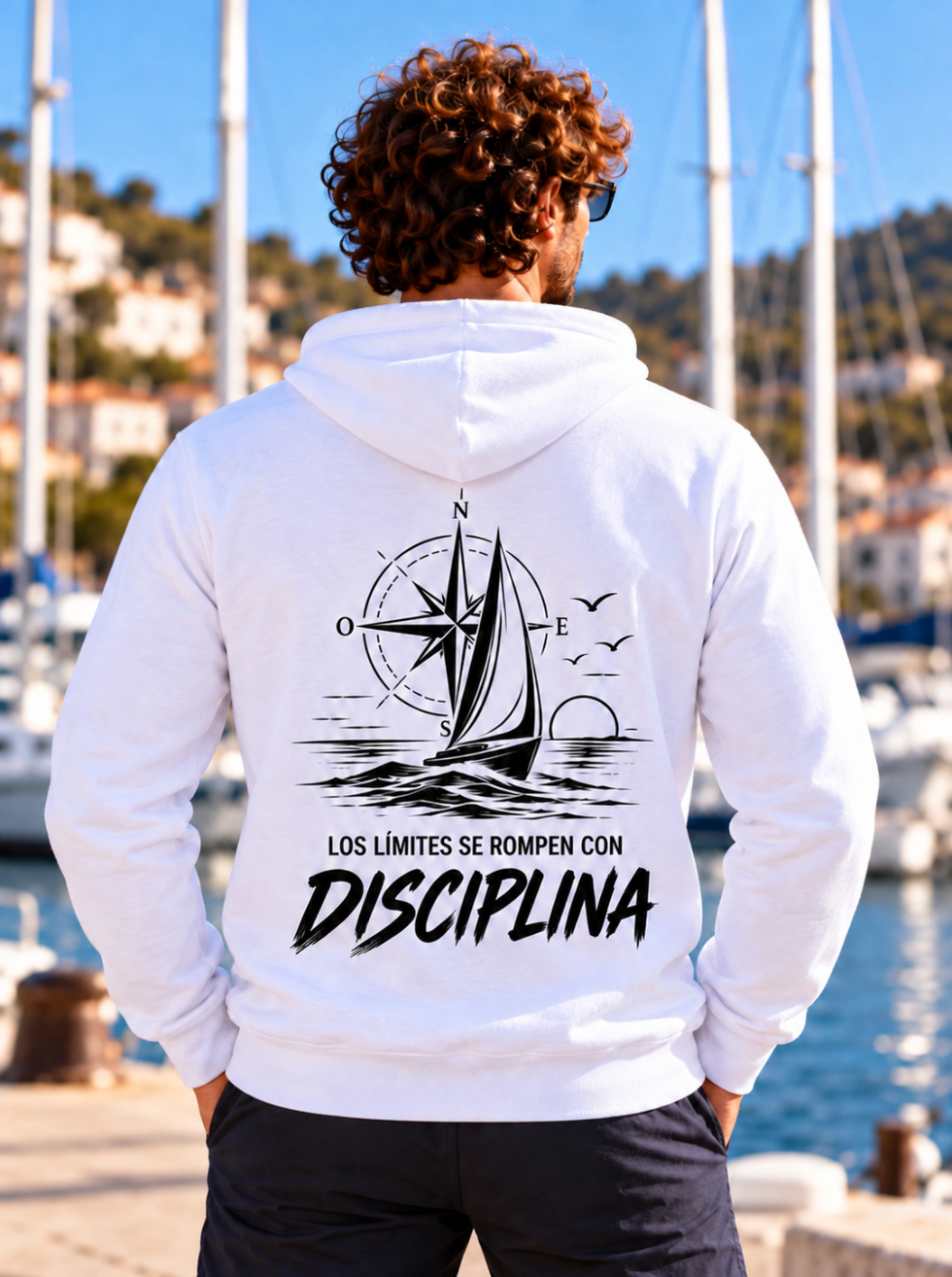 Sudadera blanca de hombre Sport Style de IMPARABL3, vista trasera con diseño negro de velero y rosa de los vientos y la frase «Los límites se rompen con disciplina».