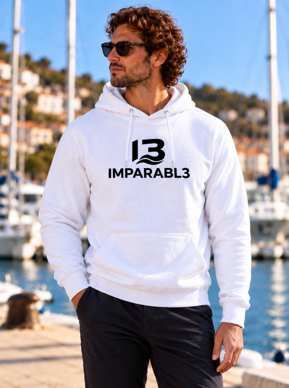 Modelo con sudadera blanca de hombre Sport Style de IMPARABL3, con capucha, bolsillo canguro y logotipo negro en el pecho, en un puerto deportivo.