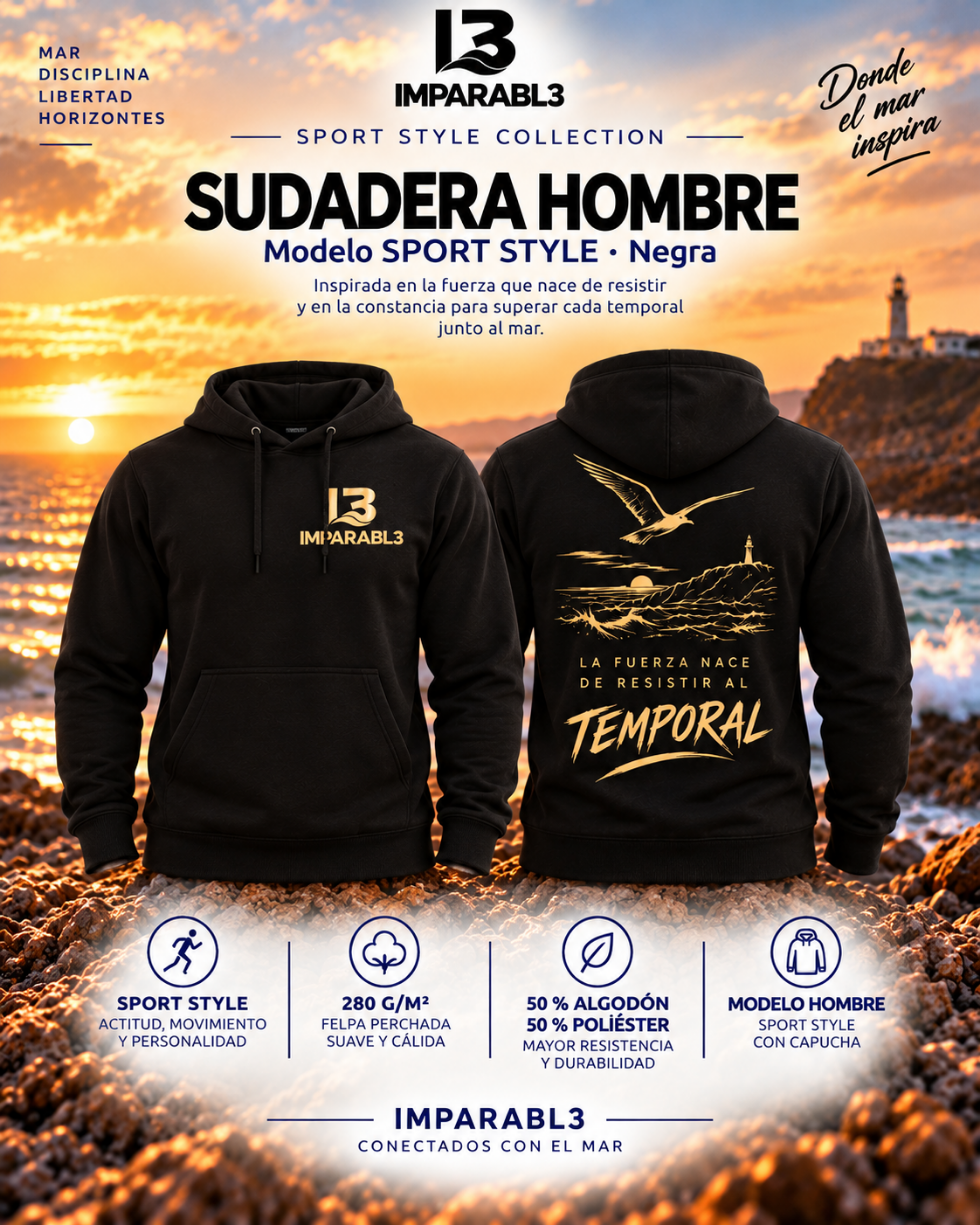 Guía de tallas de la sudadera negra de hombre Sport Style de IMPARABL3, de XS a 4XL, con medidas de ancho y largo en centímetros e instrucciones de medición.