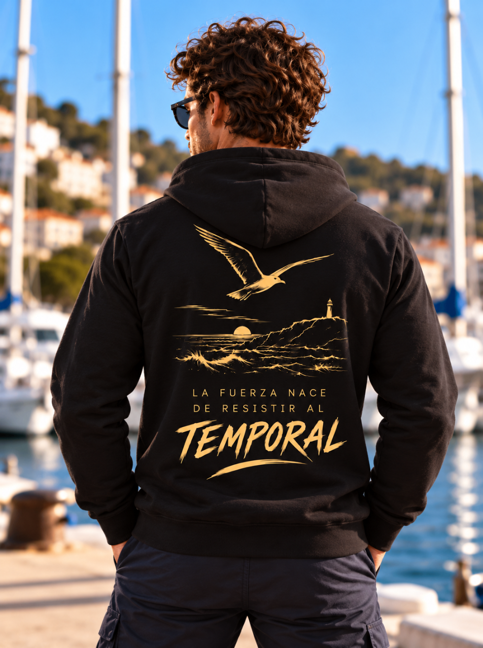 Sudadera negra de hombre Sport Style de IMPARABL3, vista trasera con capucha, ilustración dorada de gaviota, mar y faro y la frase «La fuerza nace de resistir al temporal».