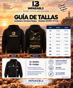 Guía de tallas de la sudadera negra de hombre Sport Style de IMPARABL3, de XS a 4XL, con medidas de ancho y largo en centímetros e instrucciones de medición.