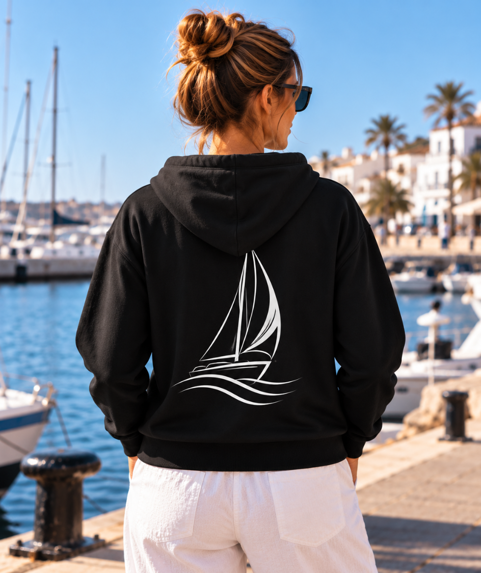 Vista trasera de la sudadera negra de IMPARABL3, con diseño blanco de velero navegando sobre las olas y capucha, en un puerto deportivo.