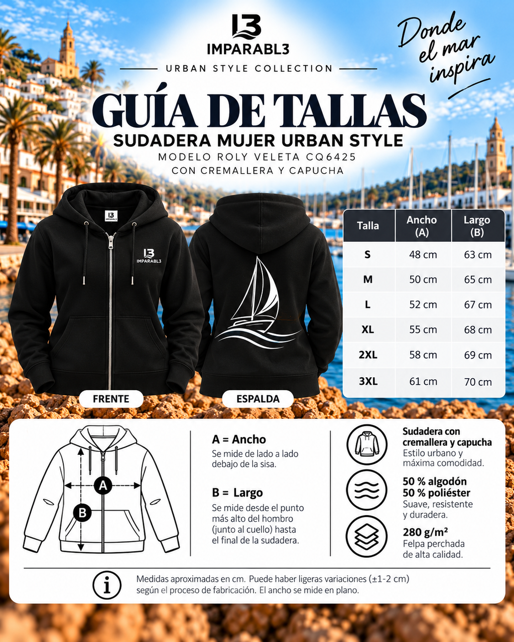 Guía de tallas de la sudadera de mujer negra de IMPARABL3, modelo Roly Veleta CQ6425, con medidas de ancho y largo de la S a la 3XL.