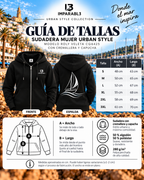Guía de tallas de la sudadera de mujer negra de IMPARABL3, modelo Roly Veleta CQ6425, con medidas de ancho y largo de la S a la 3XL.