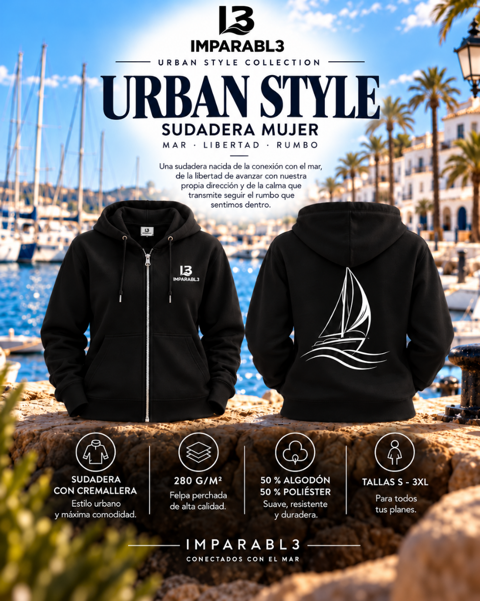 Presentación de la sudadera de mujer negra de IMPARABL3, con vistas frontal y trasera, velero blanco, cremallera y felpa perchada de 280 g/m².