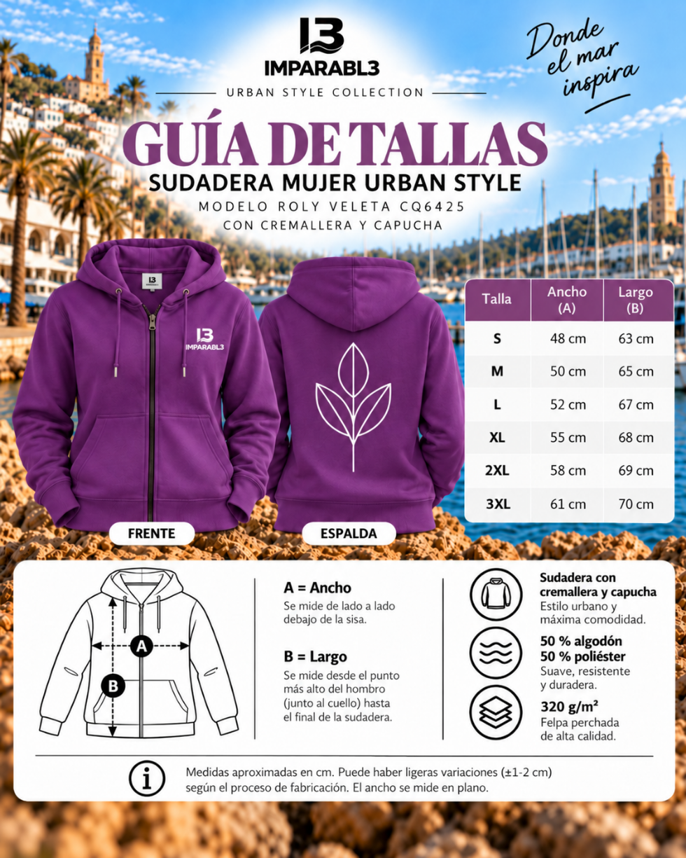 Guía de tallas de sudadera púrpura para mujer IMPARABL3, modelo Roly Veleta CQ6425. Tabla de medidas de ancho y largo desde la talla S hasta la 3XL.