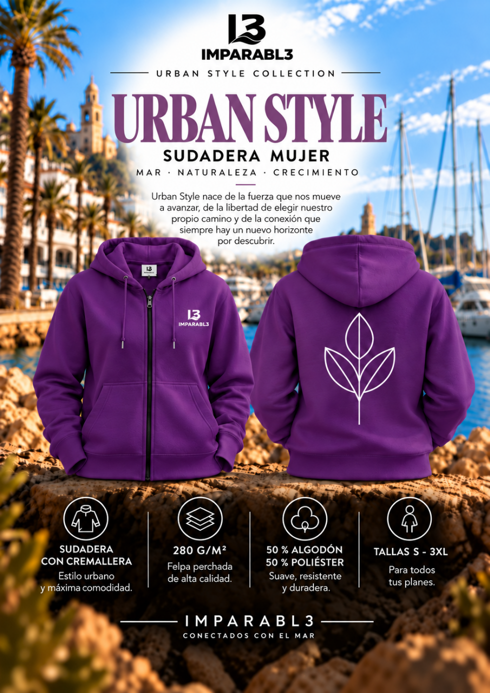 Presentación de sudadera púrpura para mujer IMPARABL3, con vistas frontal y trasera, diseño botánico blanco, cremallera y capucha. Tejido de 280 g/m².