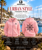 Presentación de la sudadera rosa claro de mujer, colección Urban Style IMPARABL3, con vistas frontal y trasera, timón náutico y características del tejido.