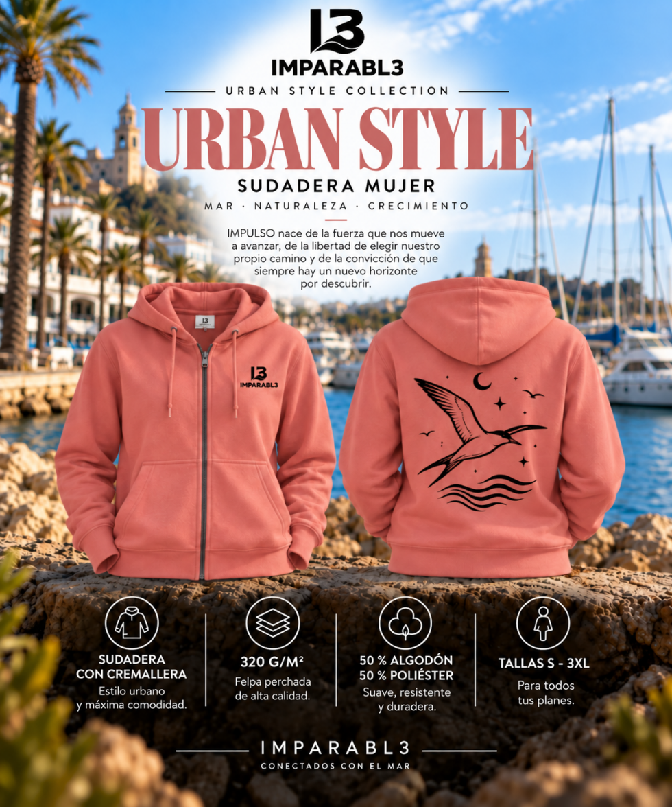 Presentación de la sudadera de IMPARABL3, color rosatón 78, con vistas frontal y trasera, diseño de ave marina, capucha y cremallera.