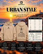 Guía de tallas de la sudadera oversize de hombre en color angora de IMPARABL3, con medidas de ancho y largo de XS a 3XL e instrucciones para elegir la talla.