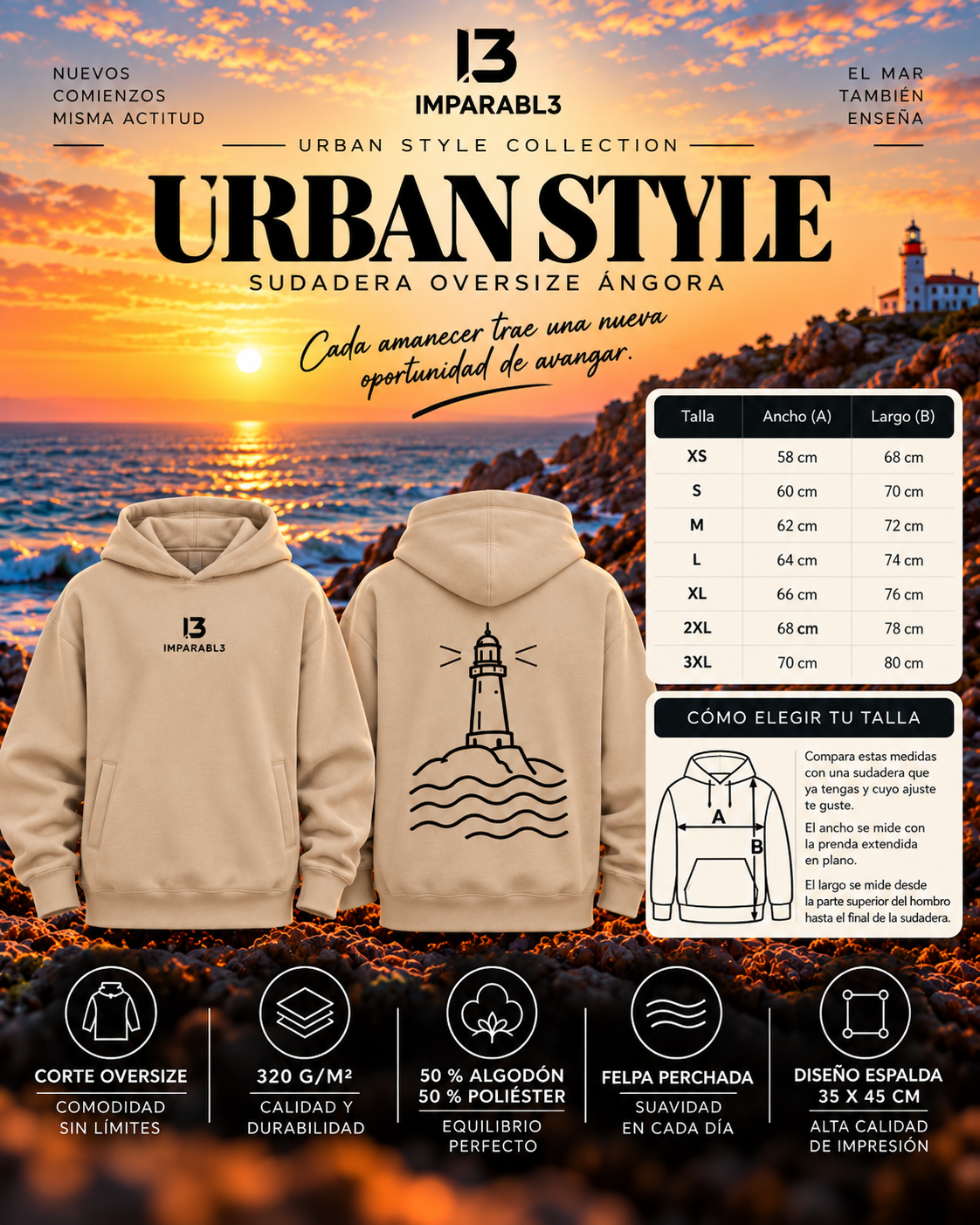 Guía de tallas de la sudadera oversize de hombre en color angora de IMPARABL3, con medidas de ancho y largo de XS a 3XL e instrucciones para elegir la talla.