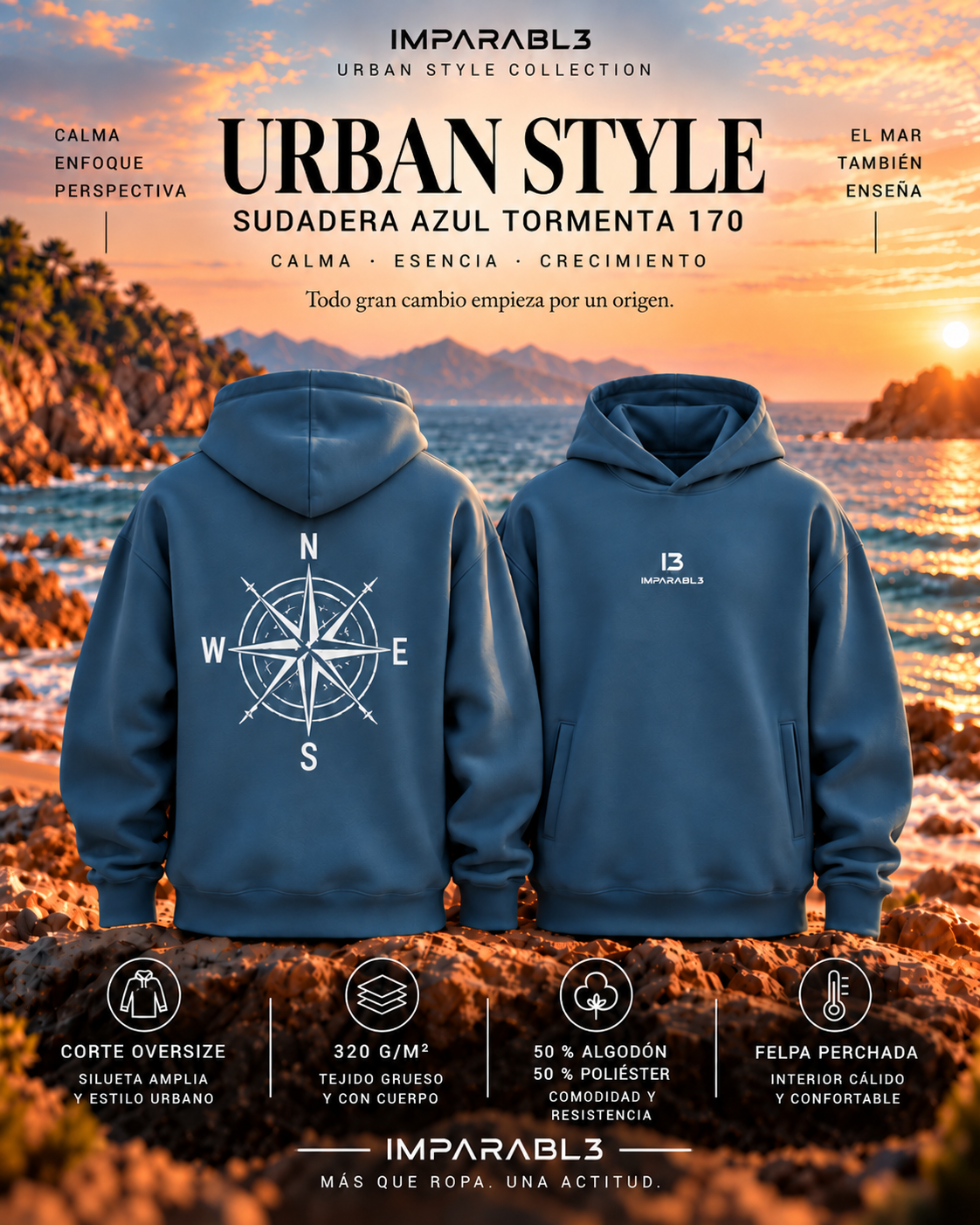 Presentación de la sudadera AZIMUT azul tormenta de IMPARABL3 con vistas frontal y trasera, brújula blanca, corte oversize y tejido de 320 g/m².