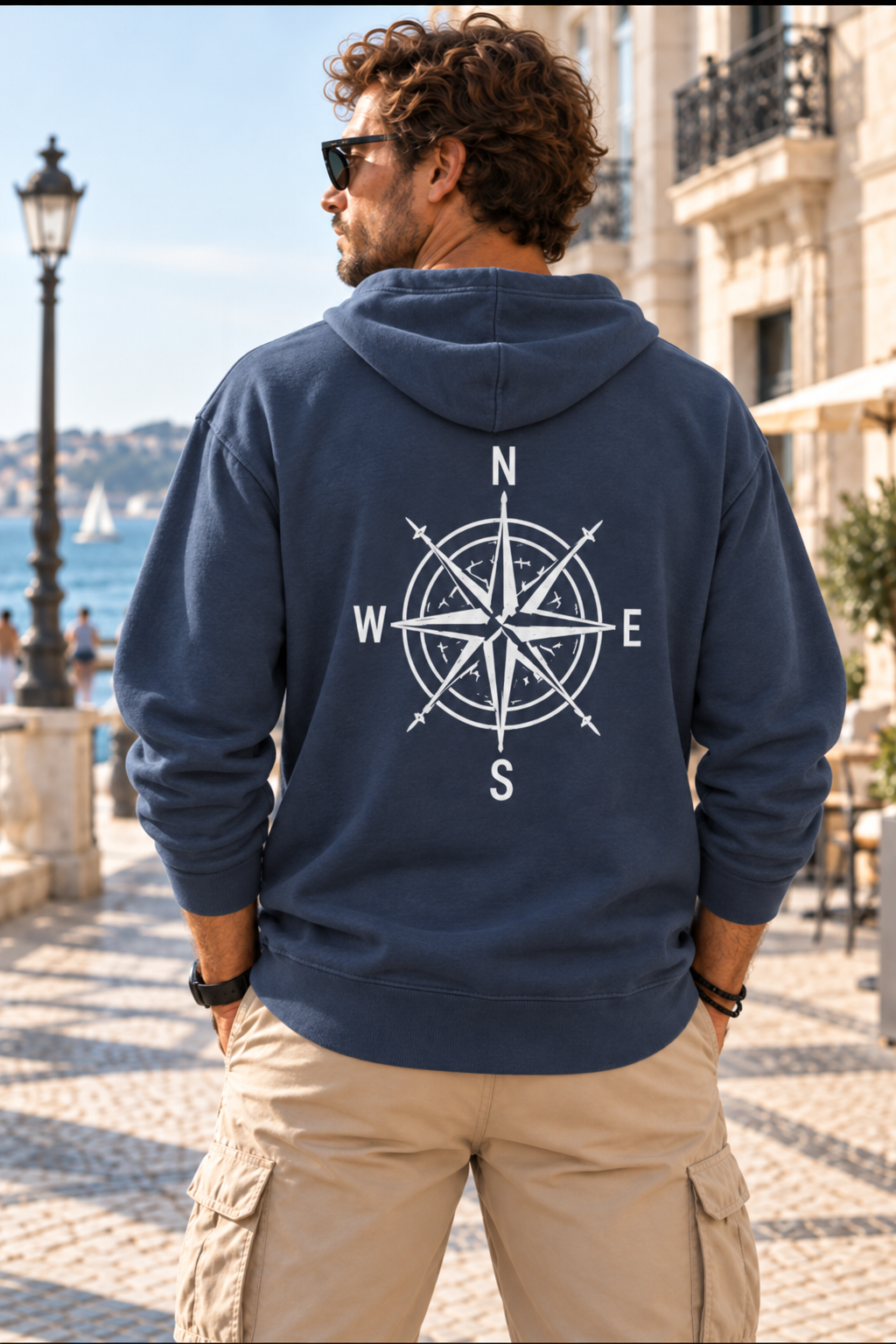 Vista trasera de sudadera oversize azul tormenta para hombre de IMPARABL3, con diseño de rosa de los vientos blanca y capucha, en entorno costero.