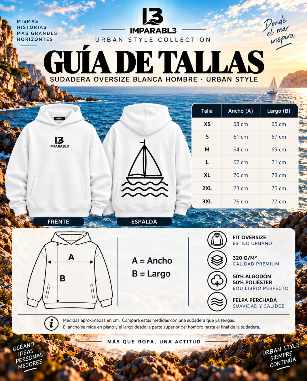 Guía de tallas de la sudadera oversize blanca de hombre de IMPARABL3, con medidas de ancho y largo de XS a 3XL, instrucciones para medir y vistas frontal y trasera.