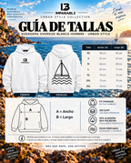 Guía de tallas de la sudadera oversize blanca de hombre de IMPARABL3, con medidas de ancho y largo de XS a 3XL, instrucciones para medir y vistas frontal y trasera.