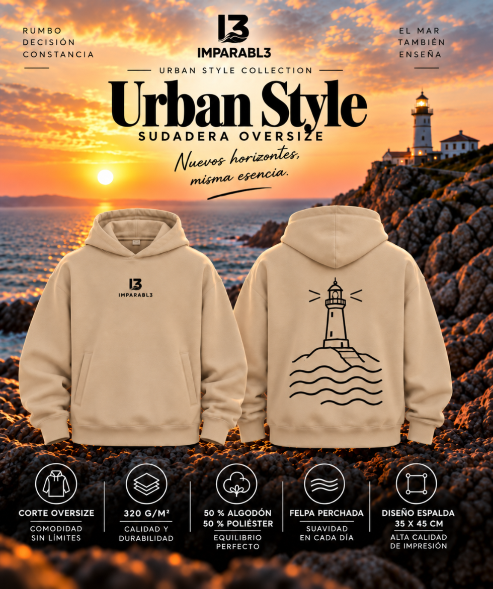 Presentación de la sudadera oversize de IMPARABL3 en color angora, con vistas frontal y trasera, diseño de faro, corte amplio y tejido de 320 g/m².