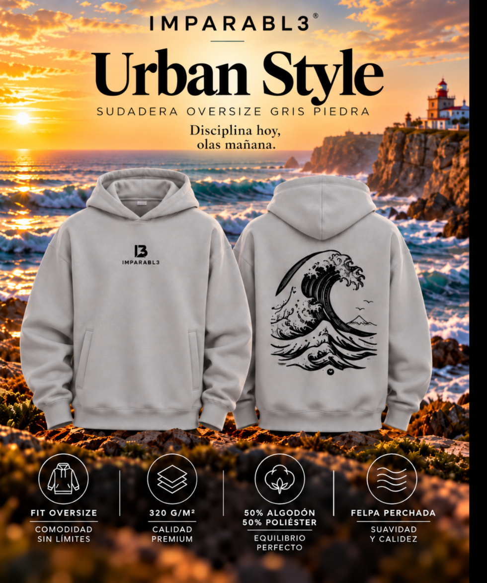 Presentación de la sudadera oversize gris piedra de hombre de IMPARABL3, con vistas frontal y trasera, logotipo I3 en el pecho, diseño de ola negra en la espalda y características del tejido de 320 g/m².