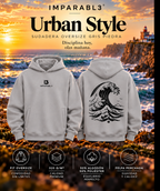 Presentación de la sudadera oversize gris piedra de hombre de IMPARABL3, con vistas frontal y trasera, logotipo I3 en el pecho, diseño de ola negra en la espalda y características del tejido de 320 g/m².