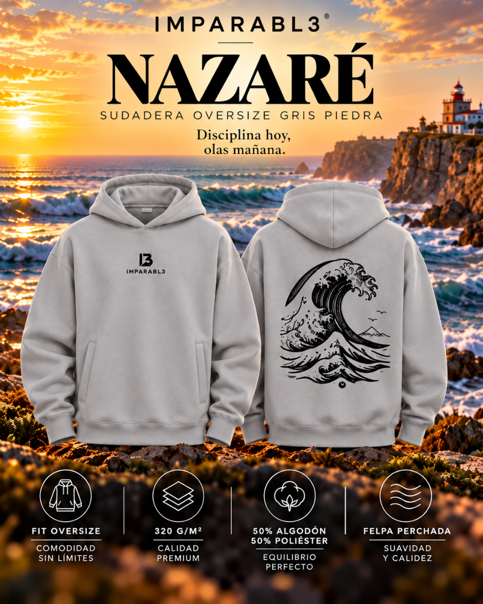 Presentación de la sudadera oversize gris piedra NAZARÉ de hombre de IMPARABL3, con vistas frontal y trasera, logotipo I3 en el pecho, diseño de ola negra en la espalda y características del tejido de 320 g/m².