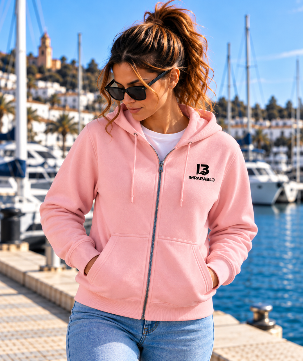 Mujer con gafas de sol y sudadera rosa claro SENDA de IMPARABL3, con capucha, cremallera y logo I3 negro en el pecho, junto a un puerto mediterráneo.